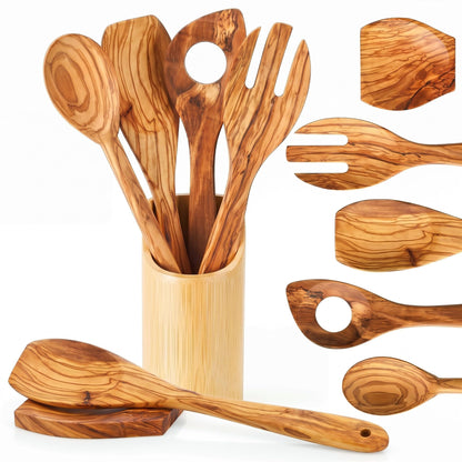 6 Pcs 12in Olive Wood Cooking Utensils Set Wooden Kitchen Utensil with Olive Spoons Spatulas Spoon Holder and Storage Container for Cooking Baking Meal Birthday Anniversary Housewarming Gifts
