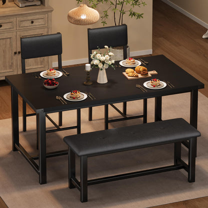 Garvee Wooden Dining Table Set for 4, Kitchen Table and 2 Upholstered Chairs with Bench, Rectangular Dining Room Set, for Small Space, Apartment, Home, Easy Assembly, Retro Black
