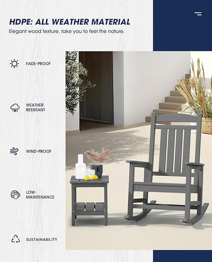 KINGYES Oversized Outdoor Rocking Chair Set of 2, HDPE Patio Rocking Chairs for Adults,Gray