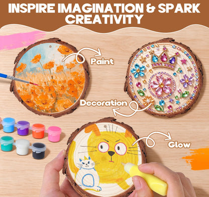 Timburst Unfinished Wood Slices Ornaments, 171pcs All-in-One Kids Painting Crafts, Glow in the Dark Wooden Craft Kit with Pre-Drilled Holes, Arts and Crafts for Girls Boys Ages 6+ Birthday Gift