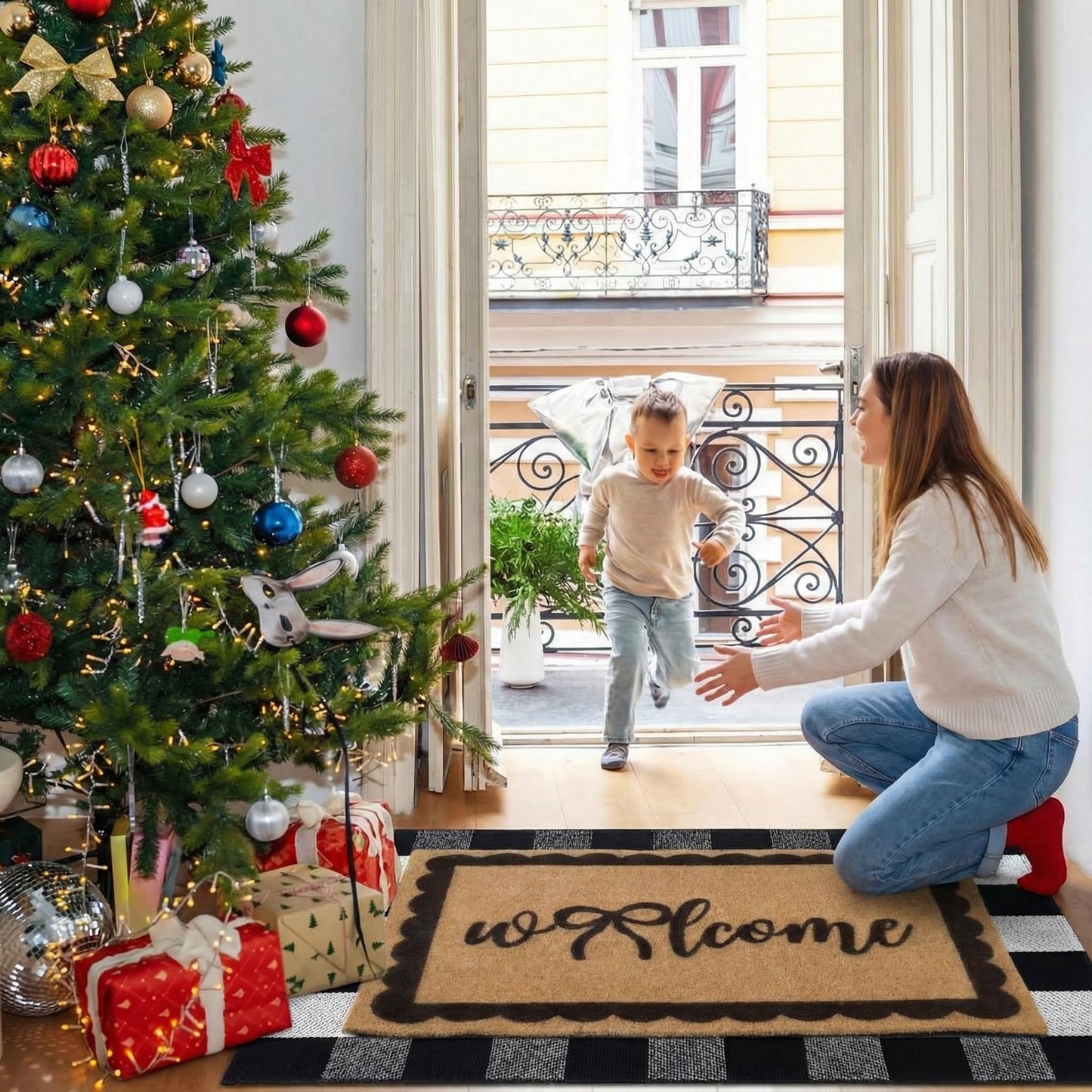 Klyyo Clyro 2 Pcs Bow Welcome Front Door Mats Combo Set Coco Coir Welcome Doormat 27.5''x43'' Layered Buffalo Black White Striped Rug Extra Thick Nonslip Backing for Outdoor Porch Entryway Decor