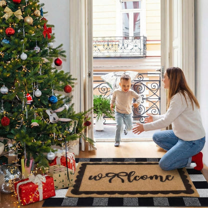 Klyyo Clyro 2 Pcs Bow Welcome Front Door Mats Combo Set Coco Coir Welcome Doormat 27.5''x43'' Layered Buffalo Black White Striped Rug Extra Thick Nonslip Backing for Outdoor Porch Entryway Decor