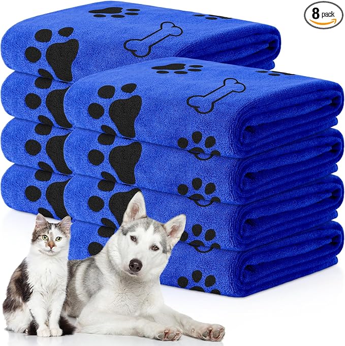 Chumia 8 Pcs Dog Towels for Drying Dogs Cats Pet Towels Bulk Puppy Microfiber Fast Drying Paw Bath Bathing Supplies Absorbent for Medium Pets(40 x 24 Inch,Dog Paw and Bone,Dark Blue)