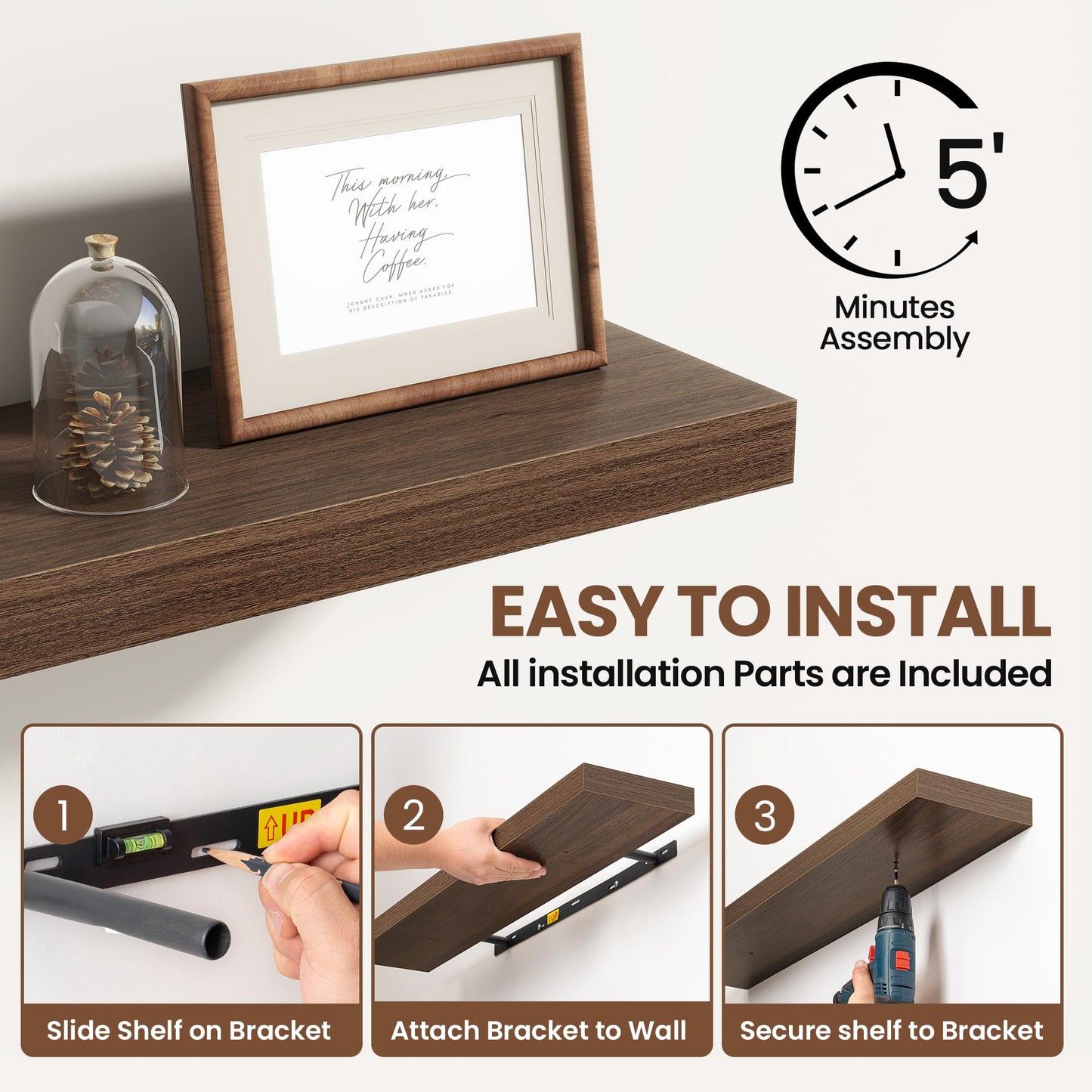 Acovy 48 Inch Floating Shelves for Wall 1 Pack, 48" Wall Shelves for Books, Storage, Decor, Wall Mounted Floating Shelf with Invisible Brackets for Kitchen, Living Room, Walnut