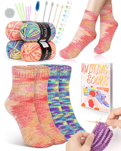 Katech Beginner Knitting Kit for Adults, 4 Pcs Socks Yarn Knitting Kit with Step by Step Instruction and 4 Knitting Needles, Knitting Starter Kit for Learn to Knit Craft Kits Gift