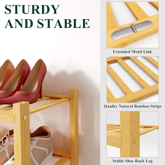 Smiry Bamboo Shoe Rack, 5 Tier Free Standing Wooden Shoe Organizer, Stackable Wood Shoe Storage Shelf for Closet, Entryway, 12 Vertical Slats, 2+2+1 Stack Standard Legs, 26.8"x11"x32.5", Natural