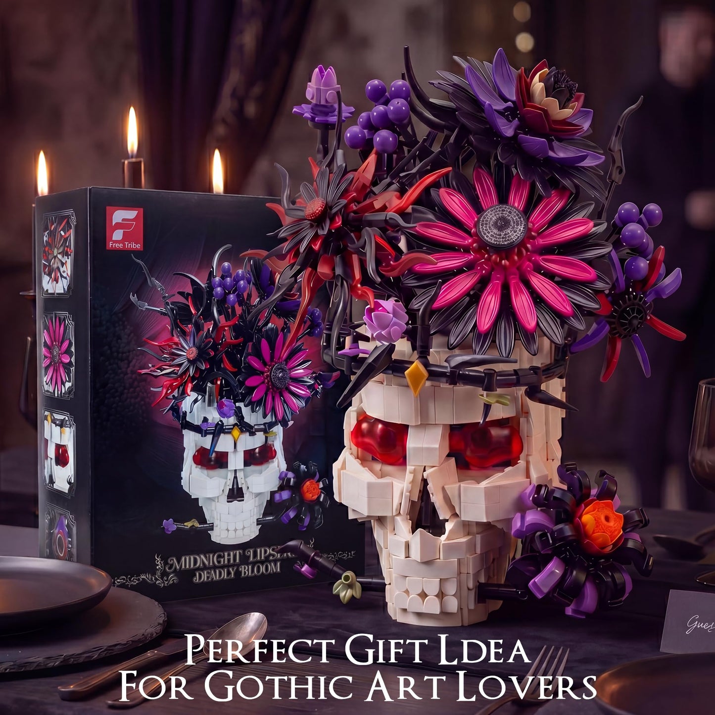 Skull Flower Bouquet Building Set, Wildflower Botanical Collection Kit for Adult Women, Horror Gothic Skeleton Decor for Goth Home Table Art Decor, Girlfriend/Mom/Wife/Couple Gift, Halloween Birthday