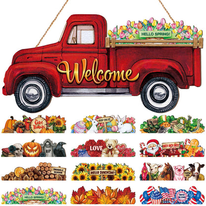 Ferraycle 13 Pcs Fall Interchangeable Welcome Sign, Red Truck Door Hanger with 12 Seasonal Signs, Holiday Christmas Rustic Farmhouse Front Door Decor