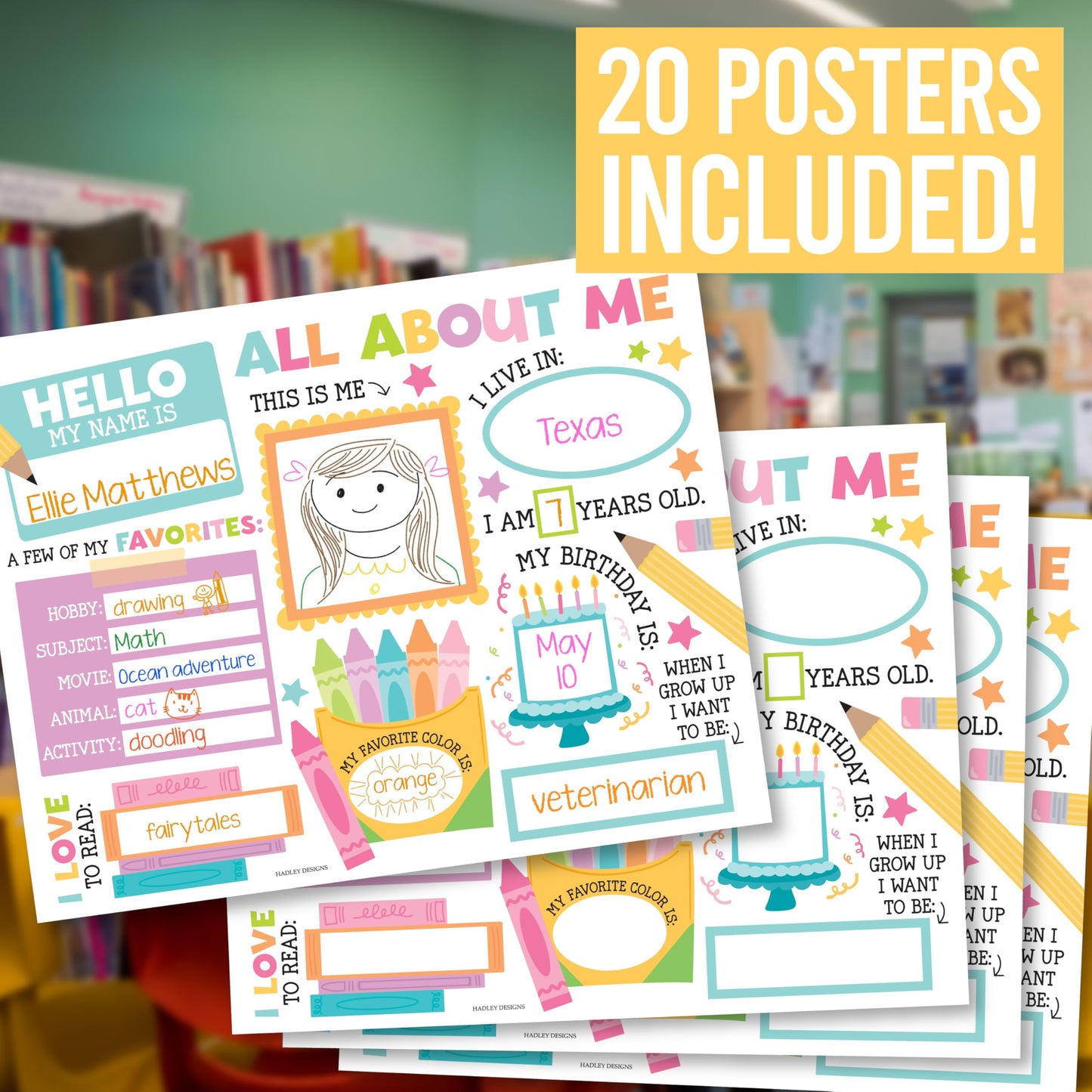 Hadley Designs All About Me Posters for Classroom Must Haves - 20 Star Student Poster, 100 Days of School Items, Star of The Week Poster Elementary Classroom Decor, End of School Year Teacher Supplies
