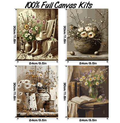 VIGEGU 4 Pack Paint by Numbers Kit for Adults Beginner with Frame Retro Floral,Paint by Numbers Oil Painting DIY Crafts for Adults Home Wall Decor 9.5x11.8inch