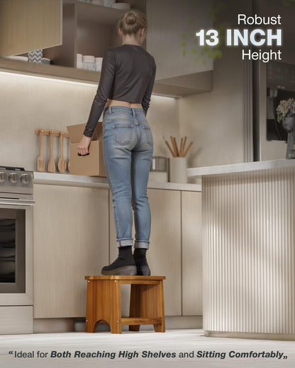 FANATU Wooden Step Stool, 13'' Non-Slip Heavy Duty Stepping Stool for Adults with Handle, Nonslip & Durable Design Supports up to 500lbs for Bedroom or Kitchen