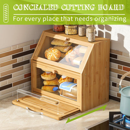 BMOSU Bread Box with Cutting Board Kitchen Bread Storage Organizer Farmhouse Countertop Double Bamboo Wood Bread Box(Natural)