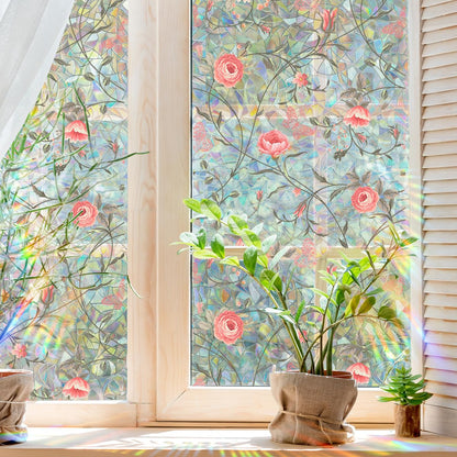 Runtoo Window Privacy Film Rainbow Rose Floral Window Clings 3D Decorative Vinyl Stained Glass Boho Pink Peony Flowers Decals Static Sticker Non-Adhesive, 15.75 x 40 inches