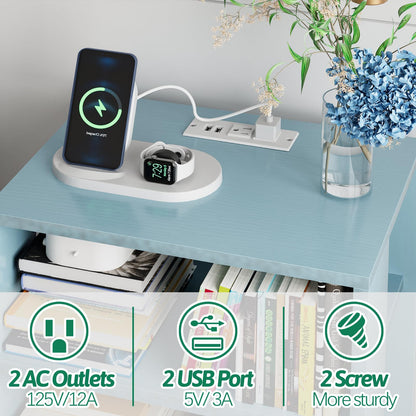 Aenuert Night Stand with Charging Station, Blue Nightstand with Drawer, 3-Tier Wooden Bedside Table with USB Ports and Outlets, End Table for Small Space, Living Room, Bedroom
