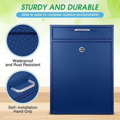 Yaocom Locking Mailbox with Key for Outdoor 16.2 x 11.2 x 4.7 Inches Large Wall Mount Mail Box with Lock Security Mail Drop Metal Collection Boxes Hanging Secure Postbox(Dark Blue)