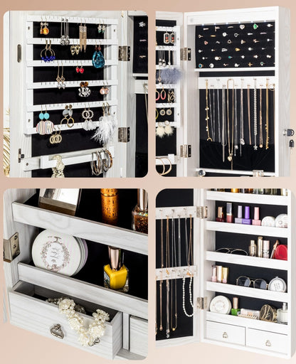 BTEXPERT 47" Mirror Jewelry Cabinet Armoire with 6 LED Lights, Large Full Length Jewelry Organizer with Storage, Wall-Mounted or Door-Hanging Mirror Cabinet, Dove White, Lock Key