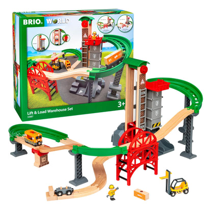 BRIO World Lift & Load Warehouse Set - 32-Piece Wood Train Set - Works with All Wooden Railway Sets - Includes 4-Level Elevator, Vehicles, Tracks & Full Station - MESH Accredited for Ages 3+