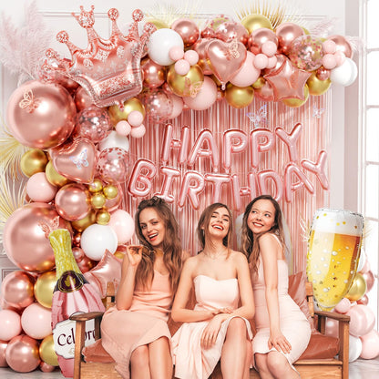 Rose Gold Birthday Decorations for Women, Happy Birthday Decorations with Fringe Curtains, Butterfly Decorations,Rose Gold Balloon Arch Kit for 16th 21st 25 30 40 50th Birthday Decor