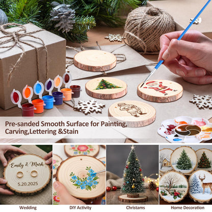 Kathfly 20 Pcs Unfinished Wood Slices with Hole for Centerpieces 3.5-4 Inch Natural Wood Craft Kits Round Wooden Discs with Paints Brushes Palettes for DIY Craft Christmas Ornaments Wedding Home Decor