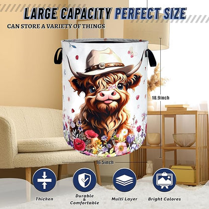 Cute Highland Cow Laundry Basket Foldable Oxford Cloth Cows Animal Laundry