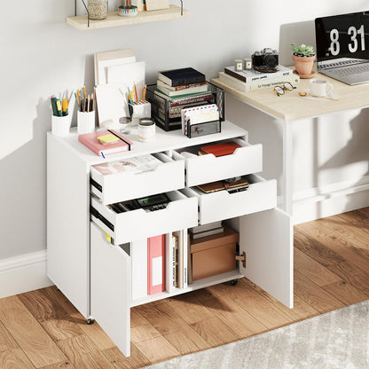 Giantex 4-Drawer File Cabinet, Rolling Printer Stand with 2 Lockable Wheels, Wooden Lateral Filing Cabinet, Load 298 Lbs, Under Desk Craft Storage Organizer for Home Office Organization (White)