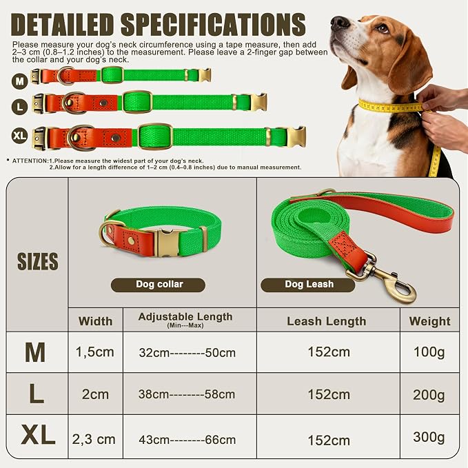 Dog Collar and Leash Set with Metal Quick Release Buckle, Adjustable, Breathable Nylon, Durable, Soft and Comfortable, No Pull for Walking and Training, Fluorescent Green, L (14.9"-22.8")