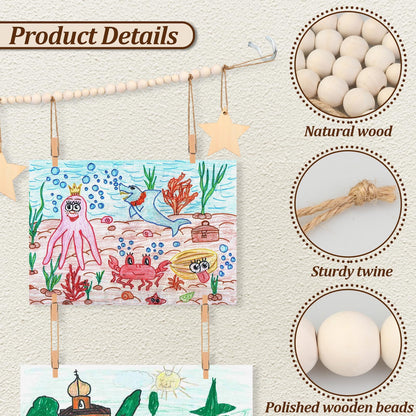 Dexspoeny Art Display for Kids Artwork on Wall with 72 Clips, 48 Twine, Boho Bedroom Living Decor Wooden Stars Beads Garland Decor for Hanging Picture
