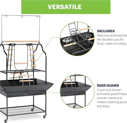 Prevue Pet Products Parrot Play Stand with Wheels - Rolling Bird Stand Play Center with Perches and Ladders, Indoor & Outdoor Playground for Birds with Swing, Enrichment Accessories - Black