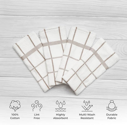 100% Cotton Terry Dish Towels, 4 Pack Checks, 16 x26 Inches, Super Soft and