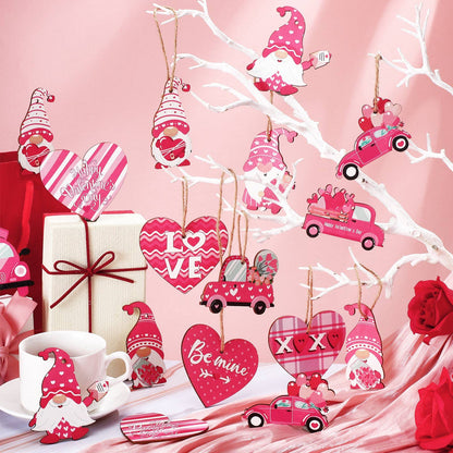 Qunclay 36 Pcs Valentine's Ornaments Valentines Wooden Hanging Gnome Ornaments Pink Romantic Wall Decor Pink Truck Decoration Pickup Truck Decoration for Anniversary