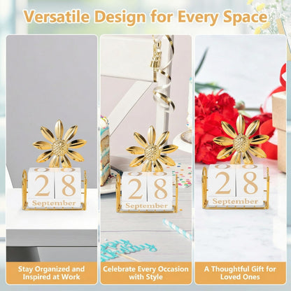 SUPVOX Wooden Perpetual Calendar Blocks for Desk, Office, Home Decor, Adjustable Wood Month Date Display Blocks, Sunflower Design, 4.72 X 3.54 X 1.57 Inches