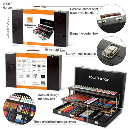 COLOUR BLOCK 181-Piece Mixed Media Art Set in Wooden Case for Drawing Sketching Painting, Soft Oil Pastels, Acrylic Watercolor Paints, Pencils, Art Supplies Kit for Artists, Professional, Adults, Beginner