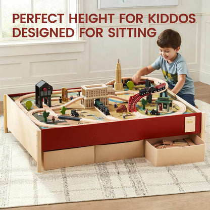 Tiny Land Large Wooden Train Table (47.9”x35.2”), 104PCS Train Set, 3 Storage Bins, Activity Playset for Kids Ages 3+