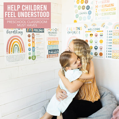 Hadley Designs 8 Calming Corner Posters for Classroom Must Haves - Calm Down Corner Supplies with Emotions Chart, School Counselor Mental Health Poster, Feelings Chart For Kids, Boho Classroom Decor