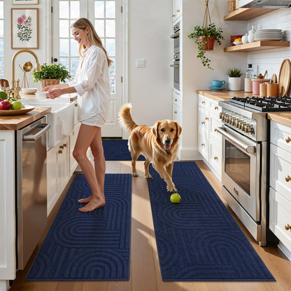 U'Artlines Kitchen Rugs and Mats Set of 3, Non Skid Washable Blue Geometric Kitchen Mats for Floor, Absorbent and Stain Resistant Floor Mat for Laundry, Sink Decor 20x32+20x48+20x59