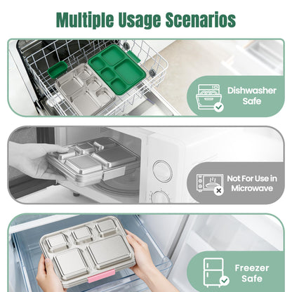 Zeekala Stainless Steel Bento Lunch Box for Kids & Adults, 5 Compartment Metal Portable Bento Box with Silicone Food Container and Removable Silicone Seal,BPA-Free,School,Office(Green)