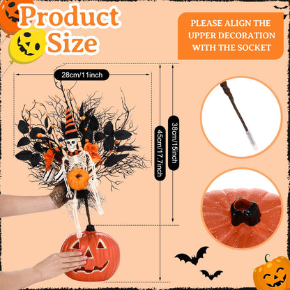 Thiccywoov Large Halloween Tabletop Decorations with Lights 17.7'' x 11'' Halloween Table Centerpieces Halloweens Artificial Flower Skeleton Skull Pumpkin Table Decor for Home Indoor Party Supplies