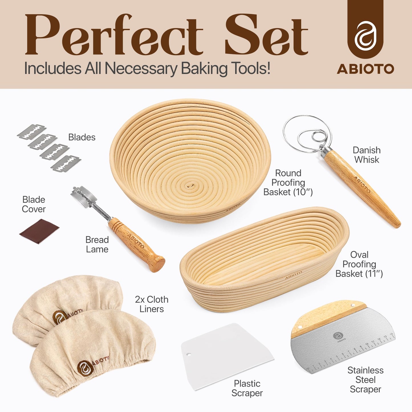 ABIOTO Sourdough Bread Baking Kit - 14-Piece Set with 10" Round & 11" Oval Rattan Banneton Proofing Baskets, Liners, Bread Lame, Danish Whisk & Scrapers for Home Bakers