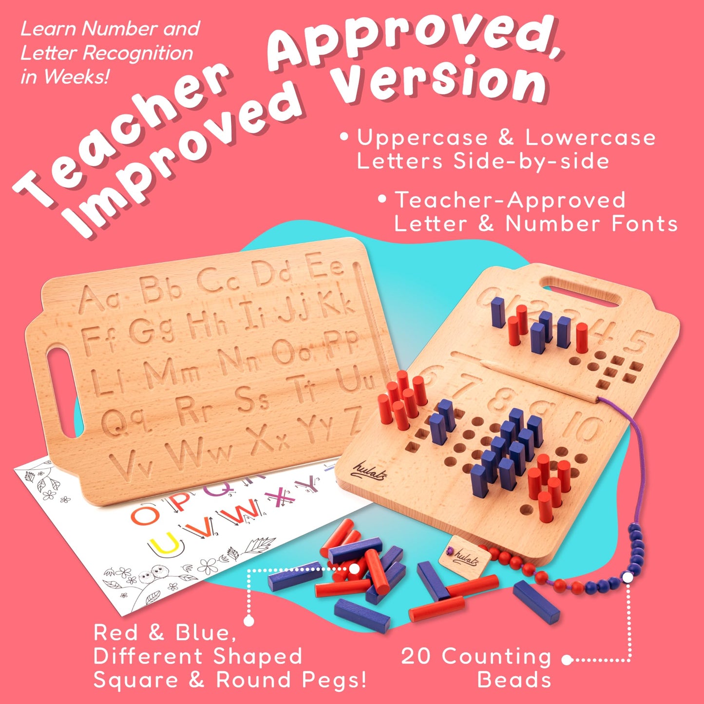 Hulats Montessori Counting Peg Board - Number & Letter Tracing Board - Wooden Montessori Alphabet & Counting Toys Toddlers 3+ Years Old - Alphabet Learning + Education Home Schooling Materials Pre-K