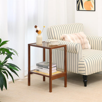 Mordchil HF 2-Tier Bamboo Side Table, Modern Glasstop Rattan Side Table, Mid Century Wood Sofa-Side End Tables for Living Room, Bedroom Night Stand with Storage, Small Narrow Coffee Tables, Walnut
