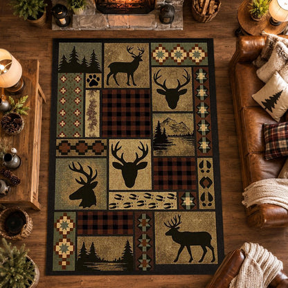 Deer Rug, 3x5 ft Rustic Lodge Cabin Carpet with Buffalo Plaid Wildlife Design, Washable Non Slip Hunting Rug for Living Room Bedroom, Man Cave, Western Farmhouse Decor