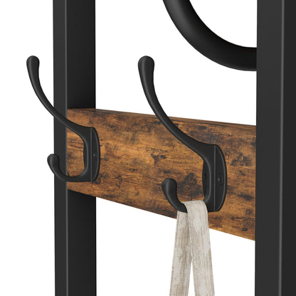 Cerlyunzan Coat Rack with Hanging Rod, Garment Rack with 3 Wooden Shelves and 4 Hooks, Freestanding Hall Tree, Industrial Clothes Rack Stand Organizer, Rustic Brown and Black