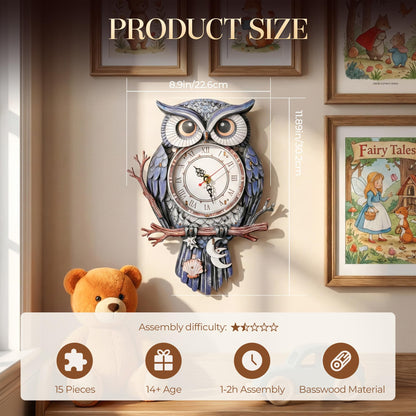 WDPINTU 3D Wooden Puzzle Clock - Owl with Moon & Stars Design, DIY Mechanical Pendulum Wall Clock, Unique Night Theme Decor Gift for Adults & Teens