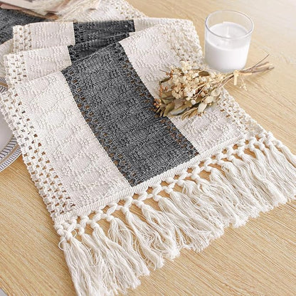 FEXIA Boho Table Runner for Summer Home Decor with Tassels 72 Inches Long Farmhouse Grey Rustic Burlap Table Runner Macrame Table Decoration for Kitchen Bedroom Living Room (12x72 Inches)