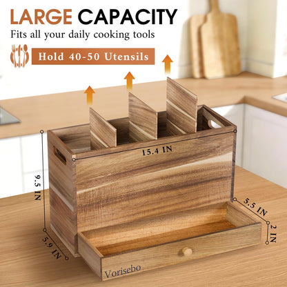 Vorisebo Acacia Wood Kitchen Utensil Holder for Countertop, Large Wooden Utensils Holder with 4 Compartment, Farmhouse Utensil Caddy with Drawer for Storage Cooking and Silverware
