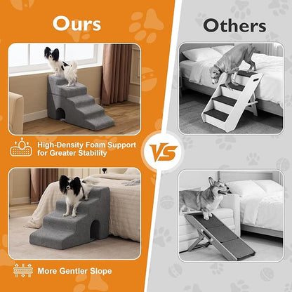 Dog Stairs for Bed 19.5’’ H, 4-Step Dog Steps for High Bed, Pet Stairs for Small Dogs and Cats to Get on Beds, Couch, Non-Slip Balanced Pet Steps and Ramp with Waterproof Cover and Tunnel, Grey