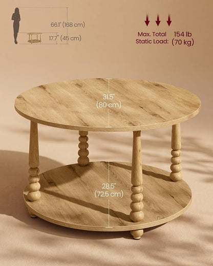 VASAGLE Round Coffee Table, 2-Tier Center Table with Storage, Solid Wood Legs, Mid-Century Modern, 31.5 Dia. x 17.7 H Inches, for Living Room, Natural Brown, Mariel Collection ULCT277HC02S