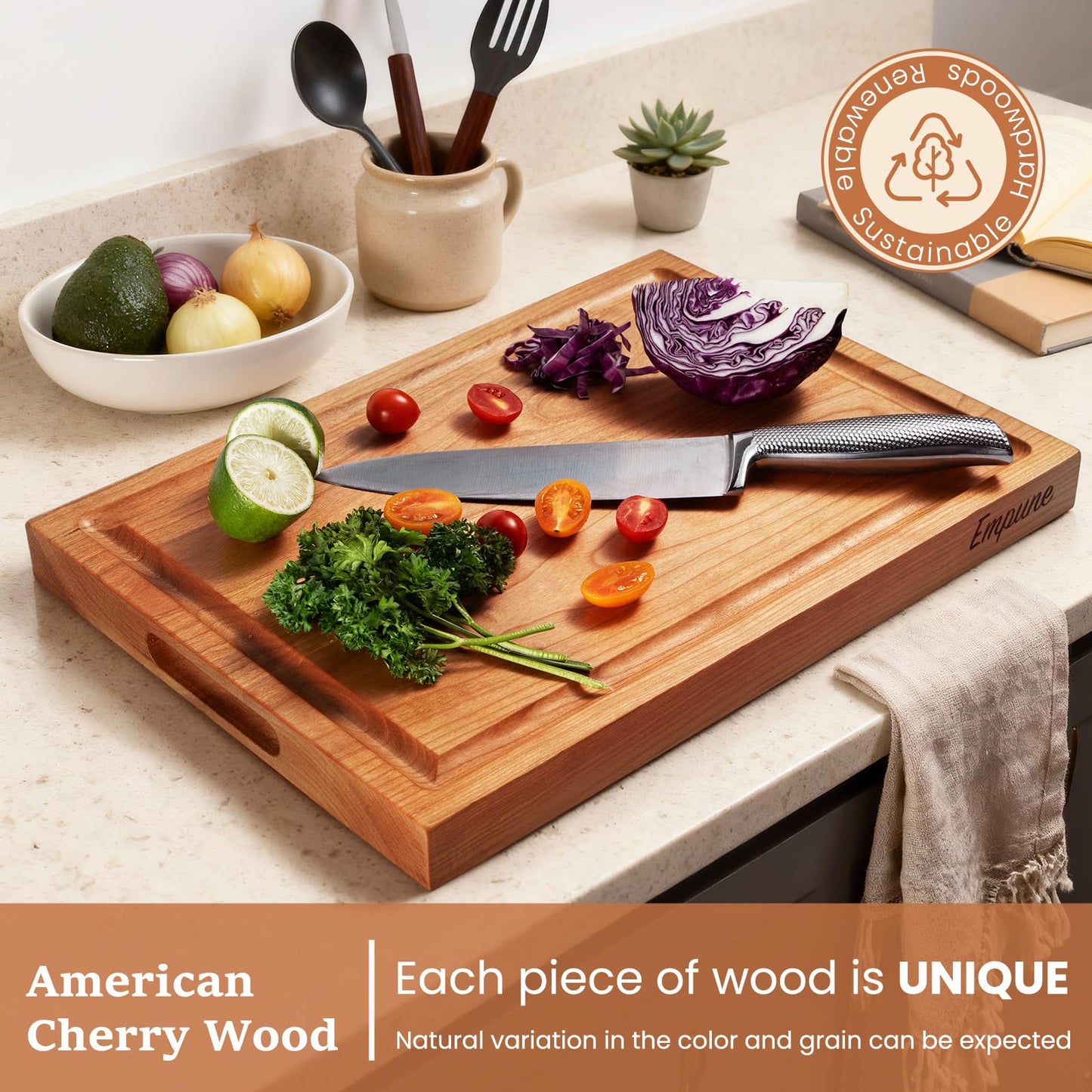 Empune Cherry Wood Cutting Boards for Kitchen Wooden Cutting Board with Handle, Chopping Board with Built-in Juice Groove & Well, Heavy-duty Charcuterie Board Butcher Block, 16.5x11.8x1.4 Inches