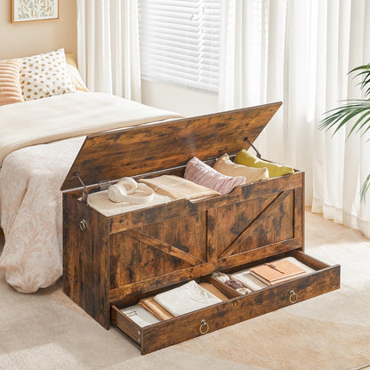 HOOBRO Storage Chest, 43.3" Toy Chest with Drawer, Wooden Storage Bench, Sturdy Entryway Bench Supports 220 lb, Shoe Bench, Safety Hinge, U-Shaped Opening, Easy Assembly, Rustic Brown FG711CW01G1