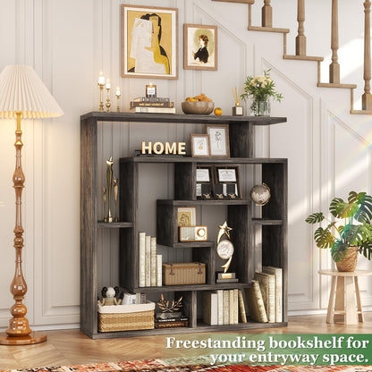Armocity 6 Tier Display Book Shelf Wall Mounted Bookshelf Freestanding Geometric Bookcase Floating Book Shelves for Wall Bedroom Living Room Home Office, 45.5"(W) * 47"(H), Grey Oak
